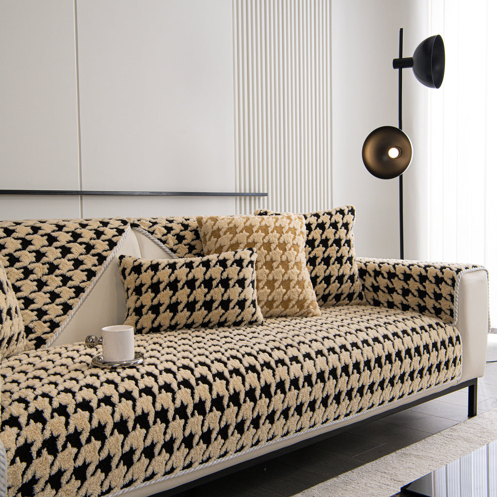 Winter Thickened Sherpa Fleece Houndstooth Sofa Cushion, Non-slip Sofa Cover with Plush