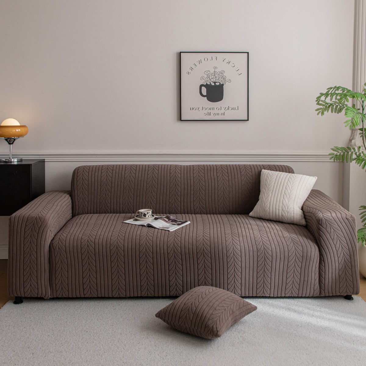 Plush Fleece Sofa Slipcover with 3D Wheat Pattern, Cozy High-Stretch Couch Cover