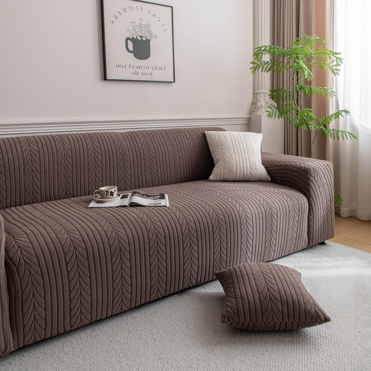 Plush Fleece Sofa Slipcover with 3D Wheat Pattern, Cozy High-Stretch Couch Cover