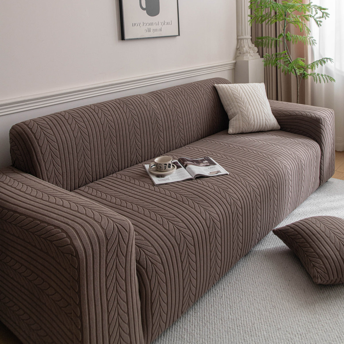 Plush Fleece Sofa Slipcover with 3D Wheat Pattern, Cozy High-Stretch Couch Cover