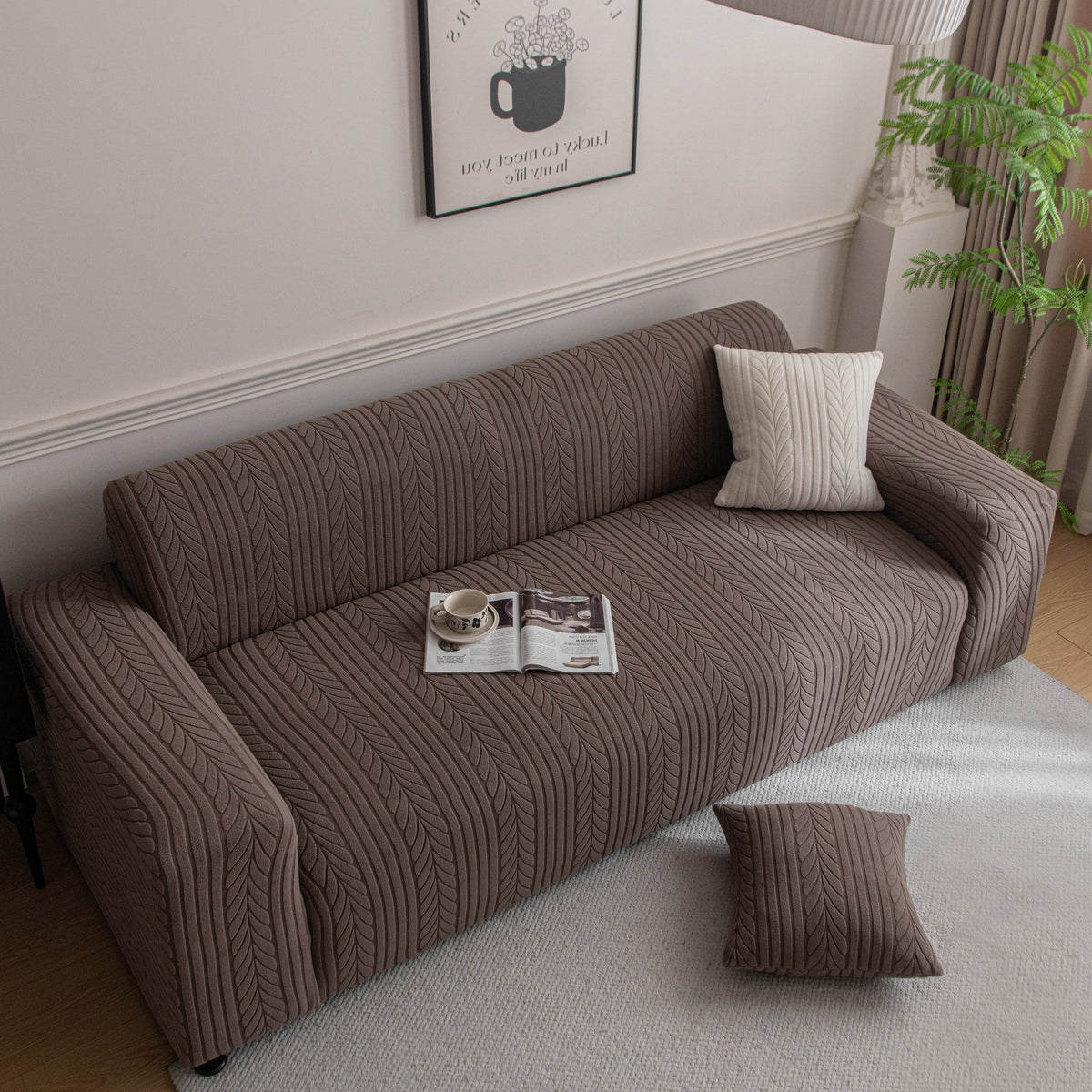 Plush Fleece Sofa Slipcover with 3D Wheat Pattern, Cozy High-Stretch Couch Cover