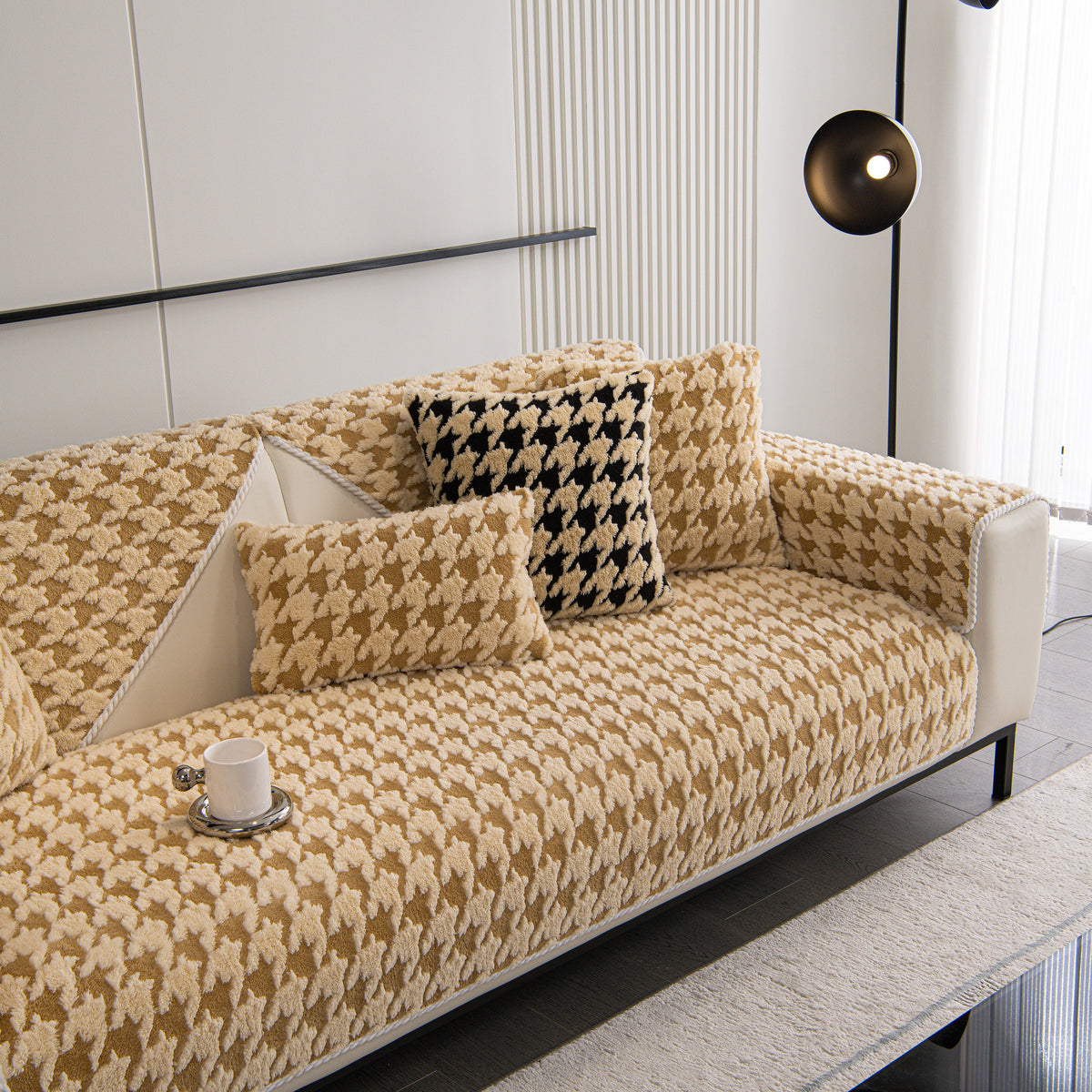 Winter Thickened Sherpa Fleece Houndstooth Sofa Cushion, Non-slip Sofa Cover with Plush