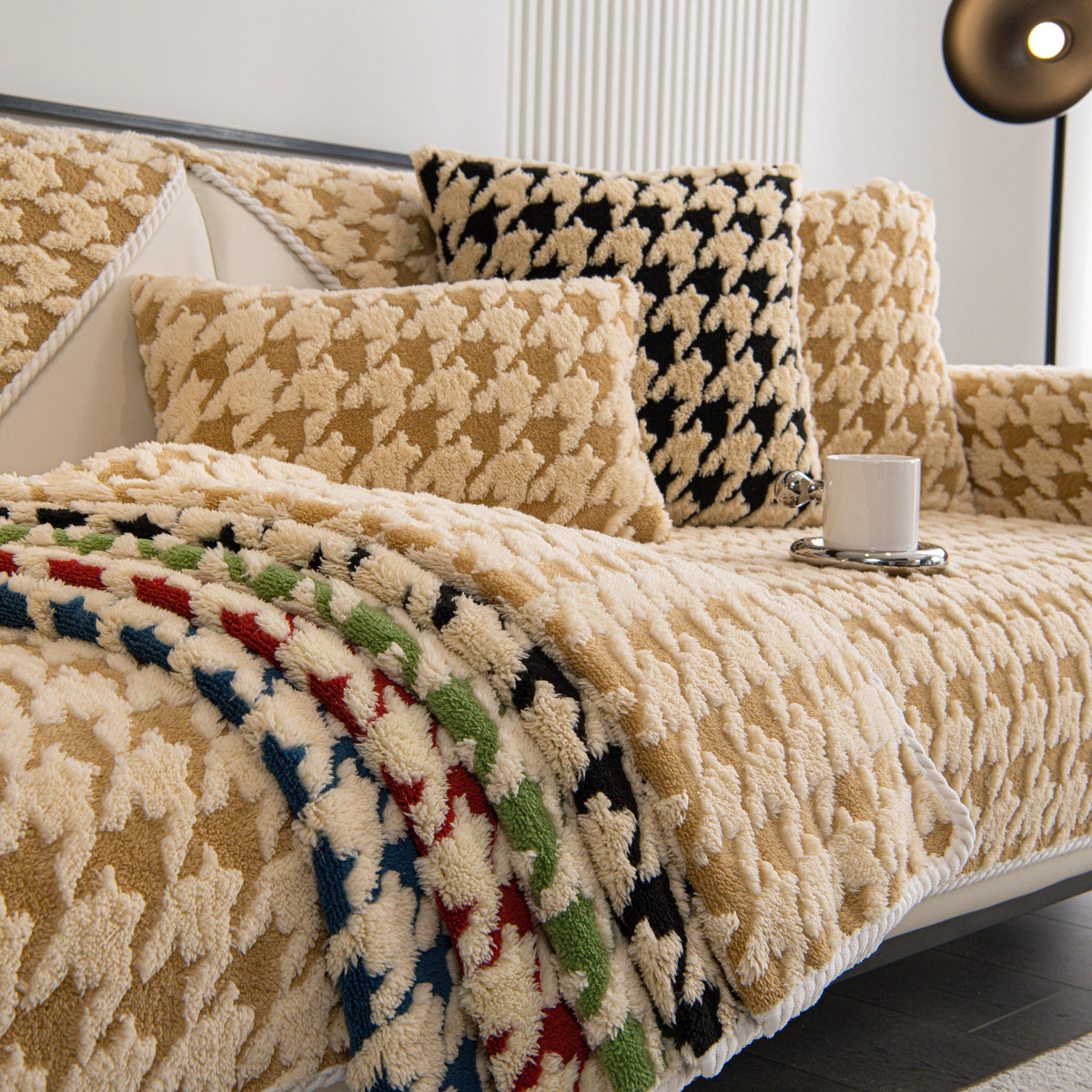 Winter Thickened Sherpa Fleece Houndstooth Sofa Cushion, Non-slip Sofa Cover with Plush