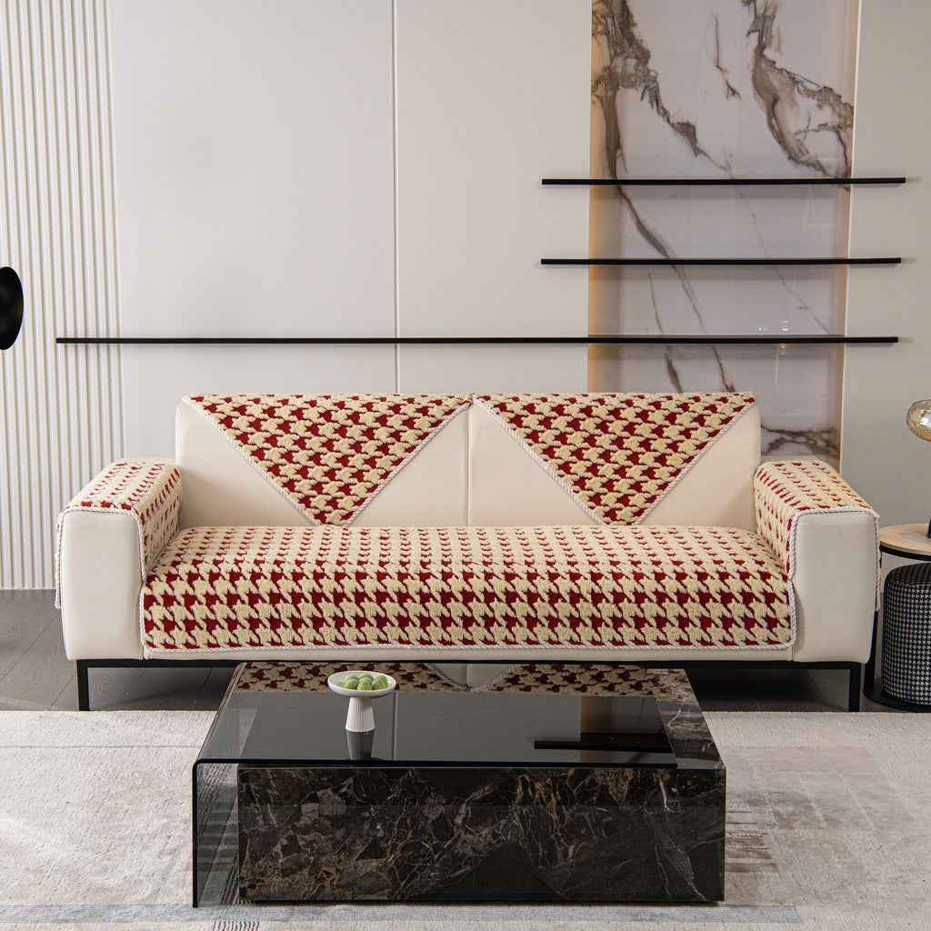 Winter Thickened Sherpa Fleece Houndstooth Sofa Cushion, Non-slip Sofa Cover with Plush