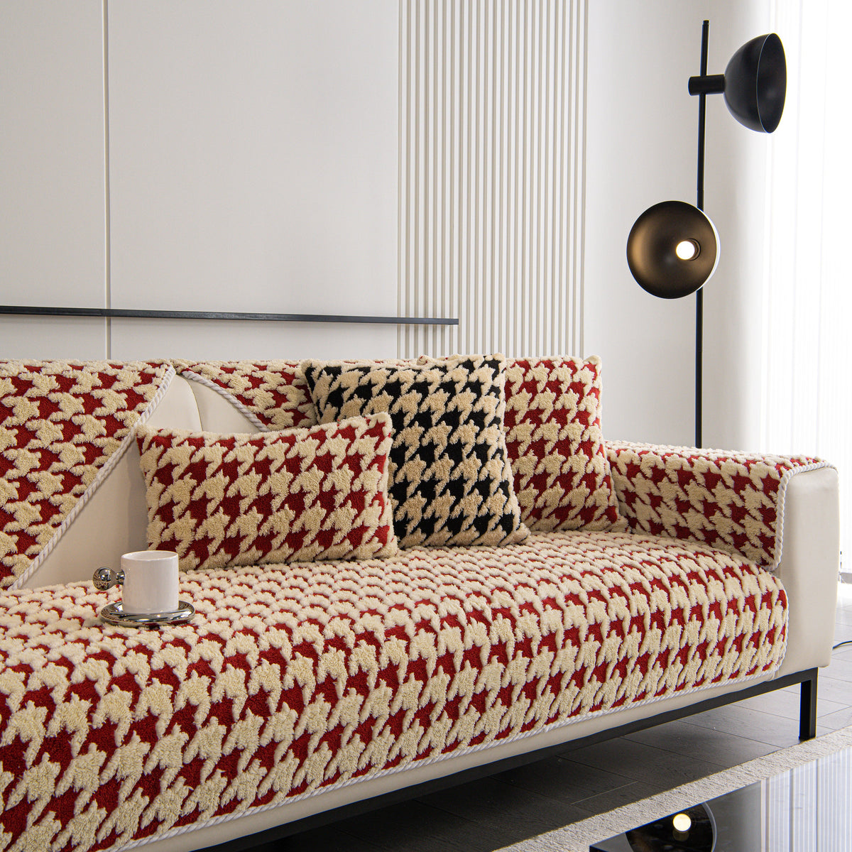 Winter Thickened Sherpa Fleece Houndstooth Sofa Cushion, Non-slip Sofa Cover with Plush