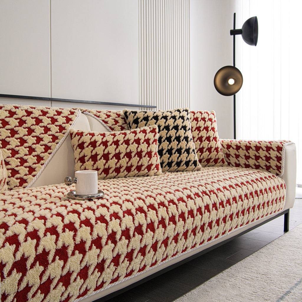 Winter Thickened Sherpa Fleece Houndstooth Sofa Cushion, Non-slip Sofa Cover with Plush
