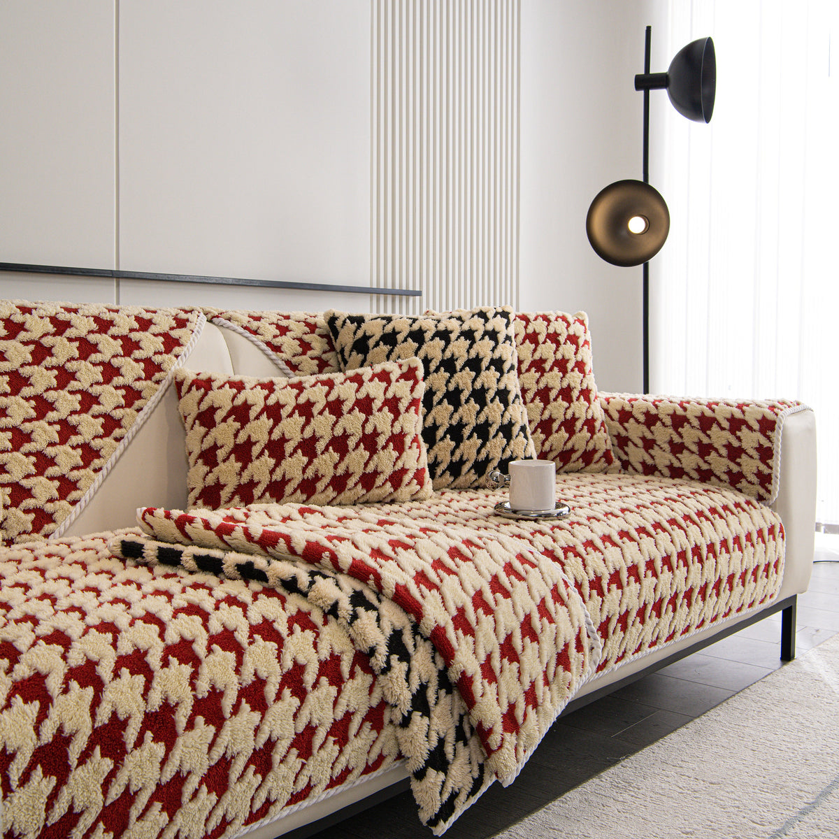 Winter Thickened Sherpa Fleece Houndstooth Sofa Cushion, Non-slip Sofa Cover with Plush