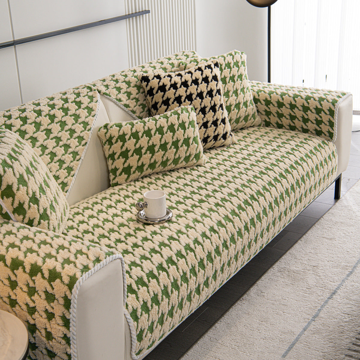 Winter Thickened Sherpa Fleece Houndstooth Sofa Cushion, Non-slip Sofa Cover with Plush
