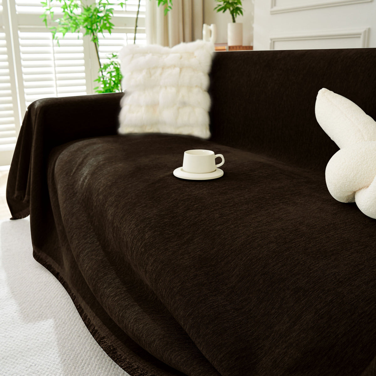 Solid Color Chenille Sofa Throw Blanket, Soft & Plush Decorative Couch Throw Cover