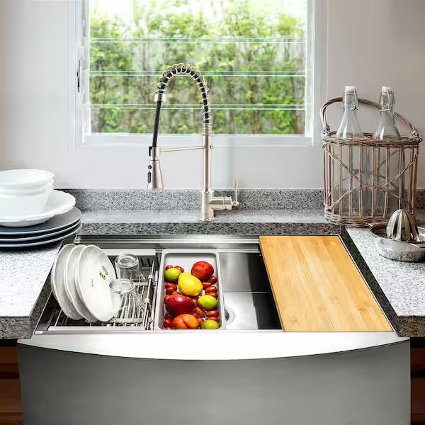 Open Box AKDY Handmade Farmhouse Apron Front 33 in. x 22 in. Single Bowl Stainless Steel Workstation Kitchen Sink with Accessories