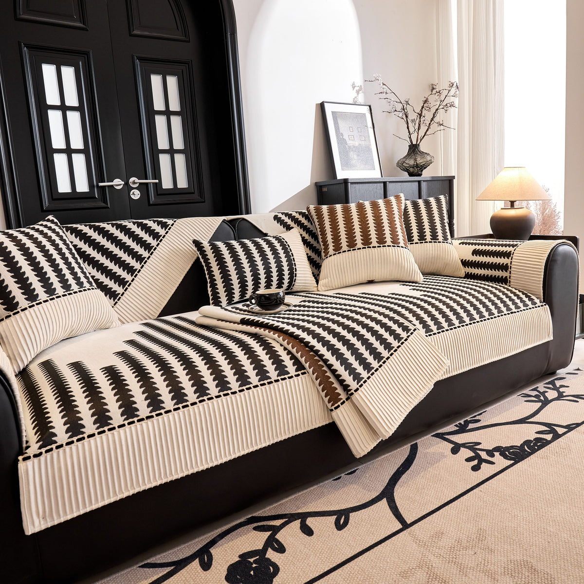 Vertical Stripes Sectional Sofa Cover Slipcover - Non-Slip, Fits L-Shape Couches