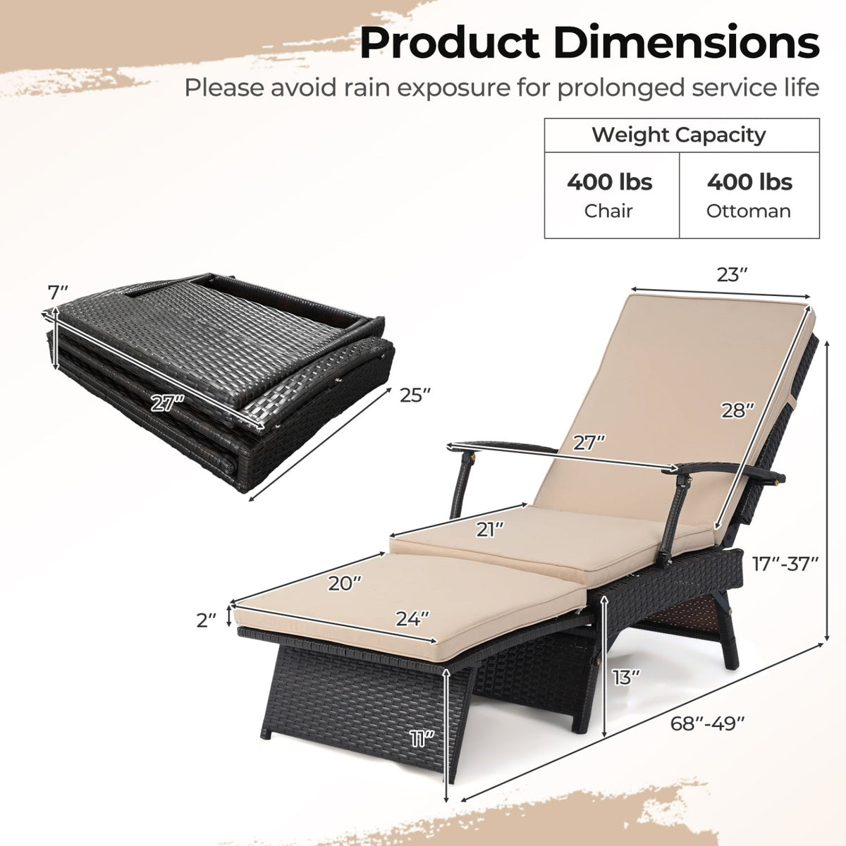 Folding Wicker Chaise Lounge with Adjustable Backrest & Ottoman