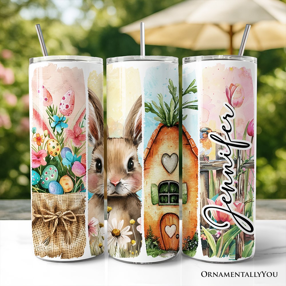 Easter Bunny Floral Brushstroke 20oz Personalized Tumbler With Lid and Stainless Steel Straw, Spring Pastel Coquette Travel Mug Gift