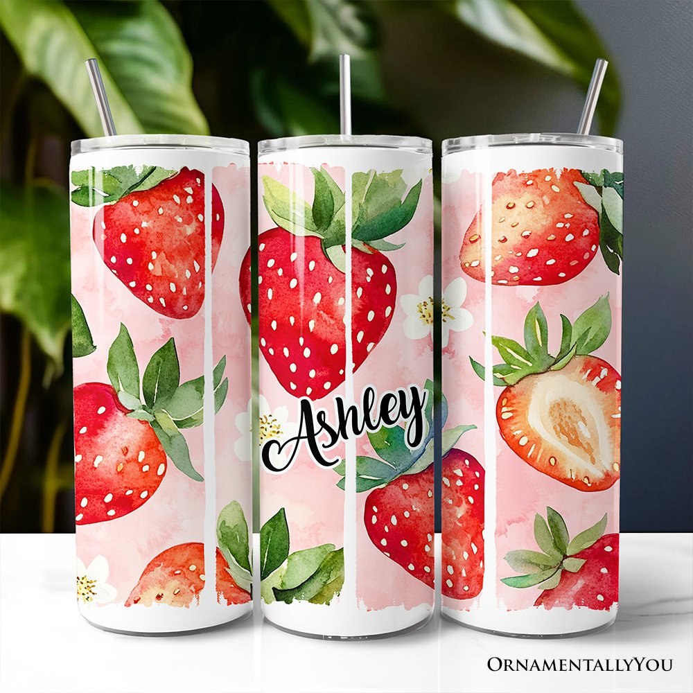 Strawberry Pattern 20oz Personalized Tumbler With Lid and Stainless Steel Straw, Summer Pink Girly Travel Mug Gift