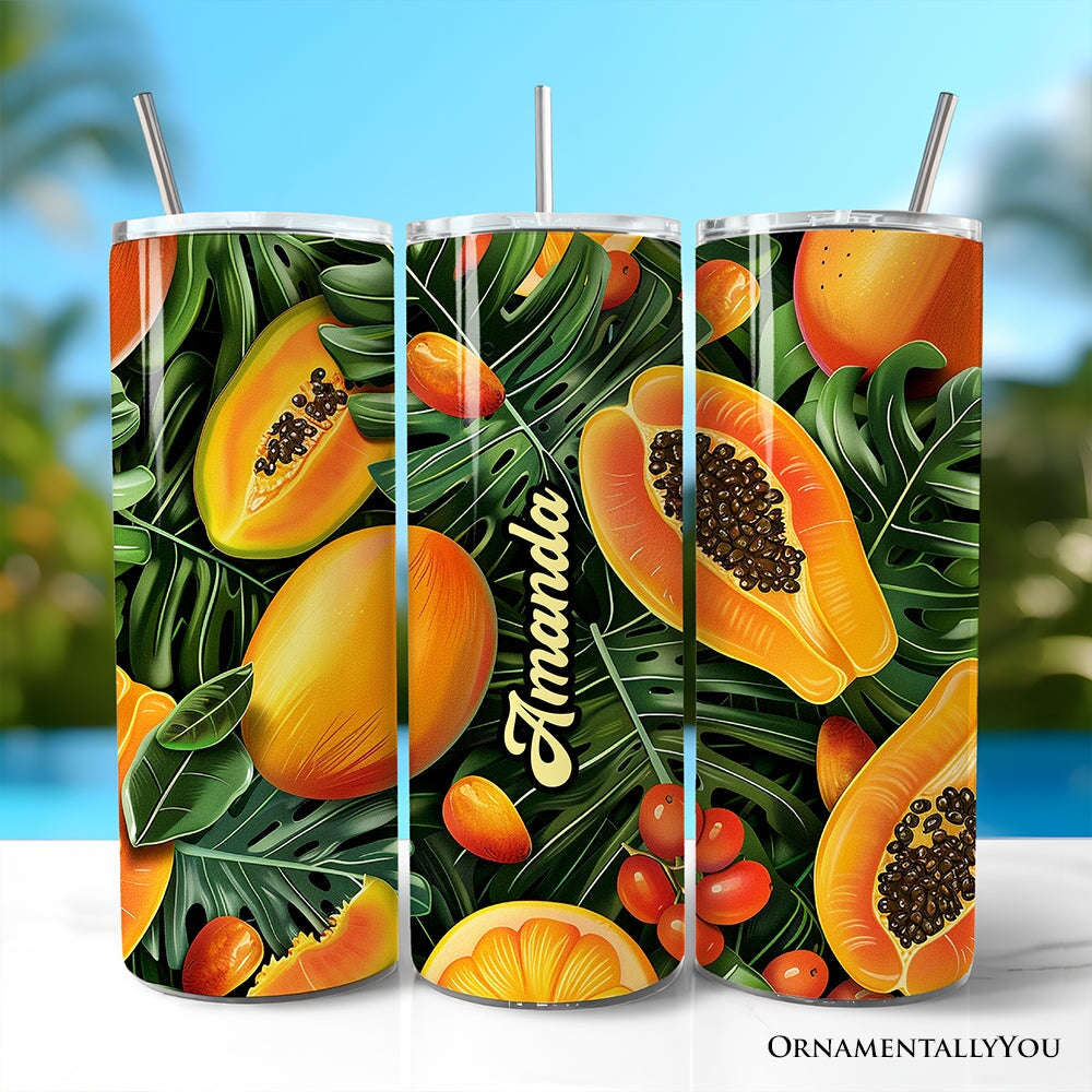 Tropical Papaya, Mango and Citrus 20oz Personalized Tumbler With Lid and Stainless Steel Straw, Exotic Summer Fruit Gift Cup