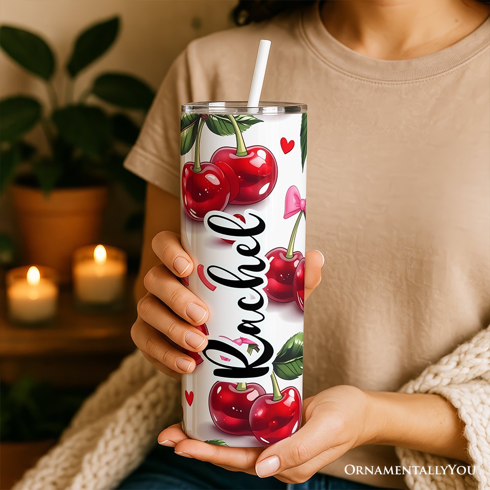 Cherry Bow Pattern 20oz Personalized Tumbler With Lid and Stainless Steel Straw, Valentine Travel Mug Gift