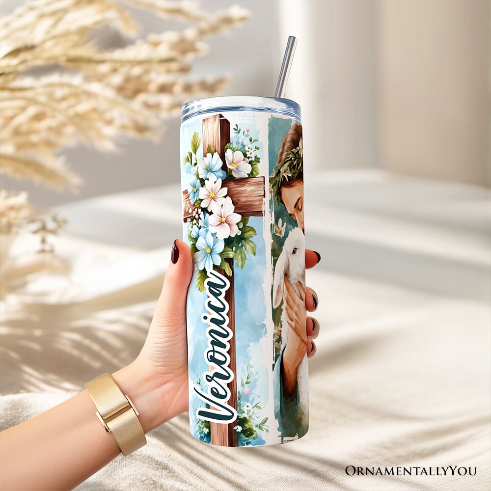 Jesus has Risen 20oz Personalized Tumbler With Lid and Stainless Steel Straw, Easter Blue Brushstrokes Spring Gift Cup