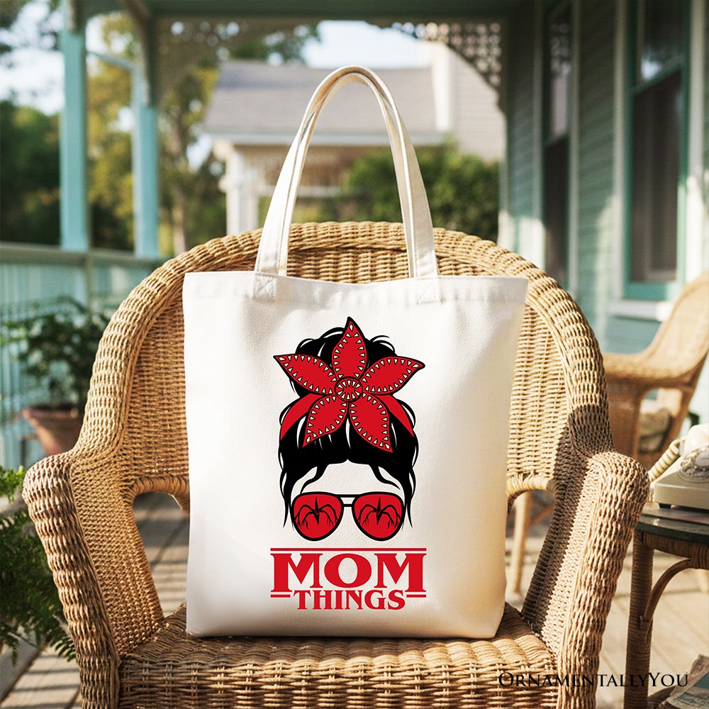 Mom Things Messy Bun Retro Canvas Tote Bag, Red Bandana Glasses Family Matching Gift Shopper