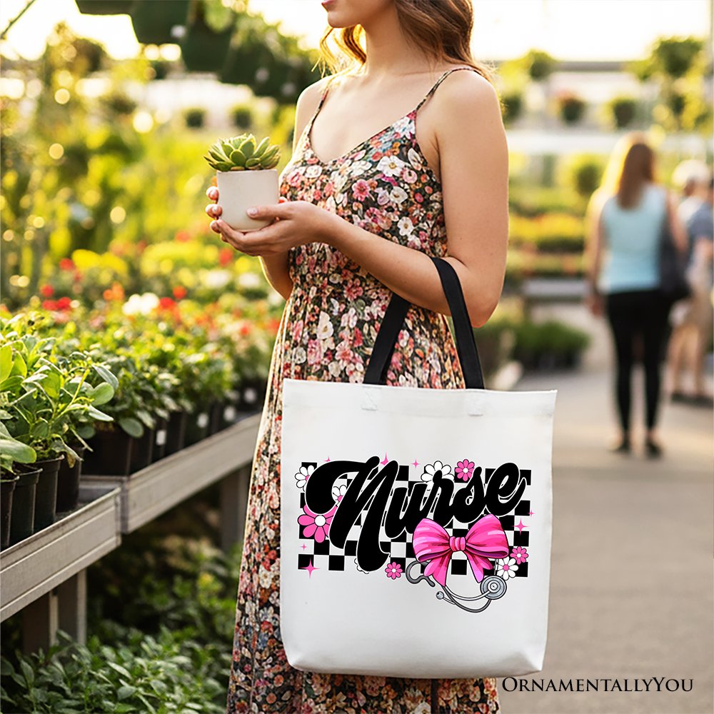 Nurse Floral Coquette Pink Bow Canvas Tote Bag, Retro Stethoscope Checkered Coworker Gift