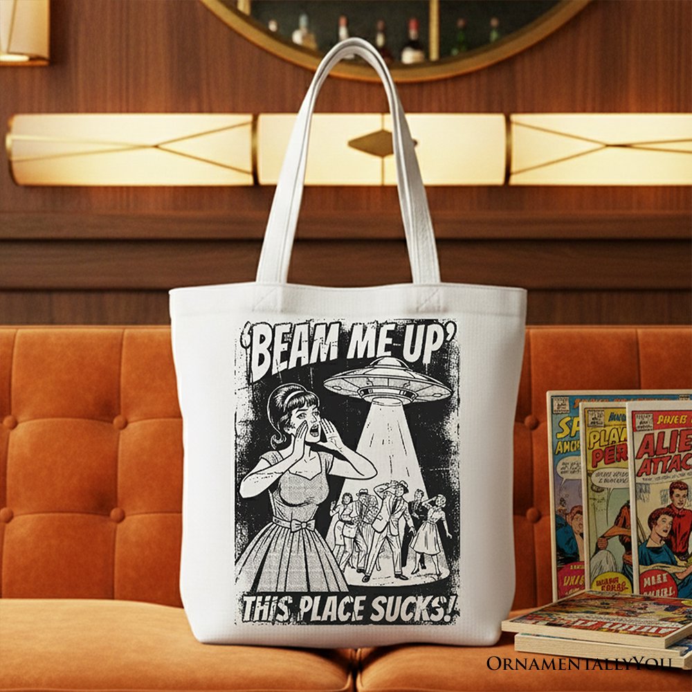 UFO Meme Beam Me Up This Place Sucks Canvas Tote Bag, Cynical Woman Alien Abduction Retro Comic Gift Shopper
