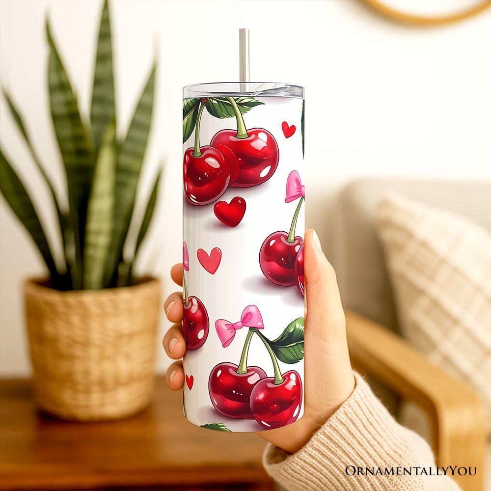 Cherry Bow Pattern 20oz Personalized Tumbler With Lid and Stainless Steel Straw, Valentine Travel Mug Gift