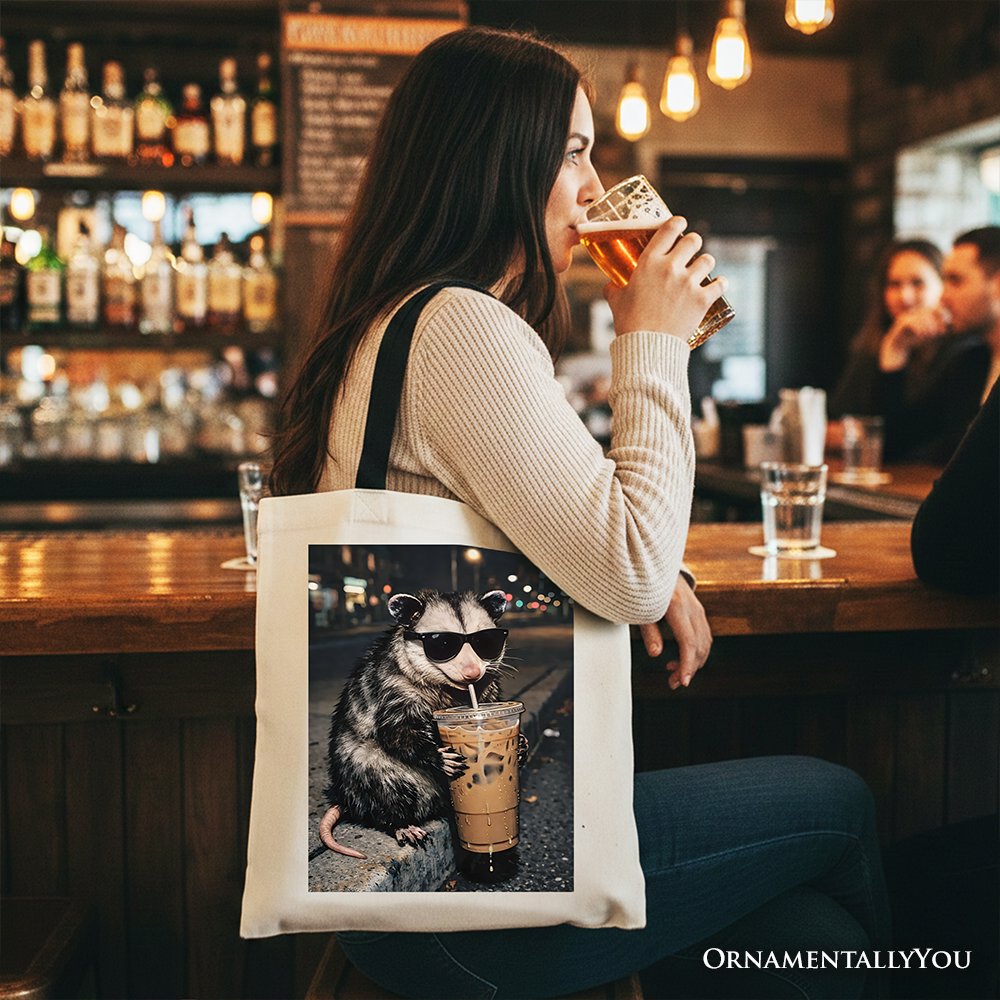 Iced Coffee Opossum Tote Bag, Funny Animal Meme Gift Shopper