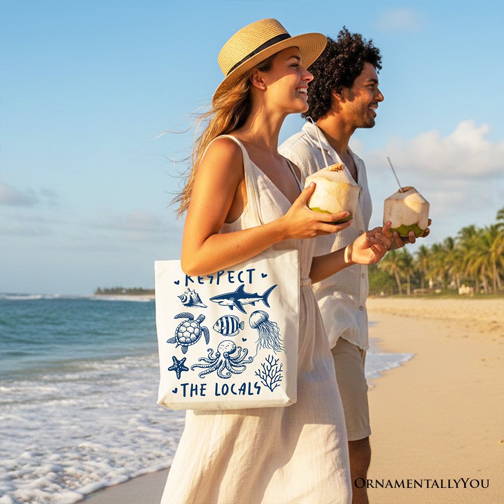 Respect the Locals Ocean Animals Canvas Tote Bag, Cute Vacation Gift Shopper
