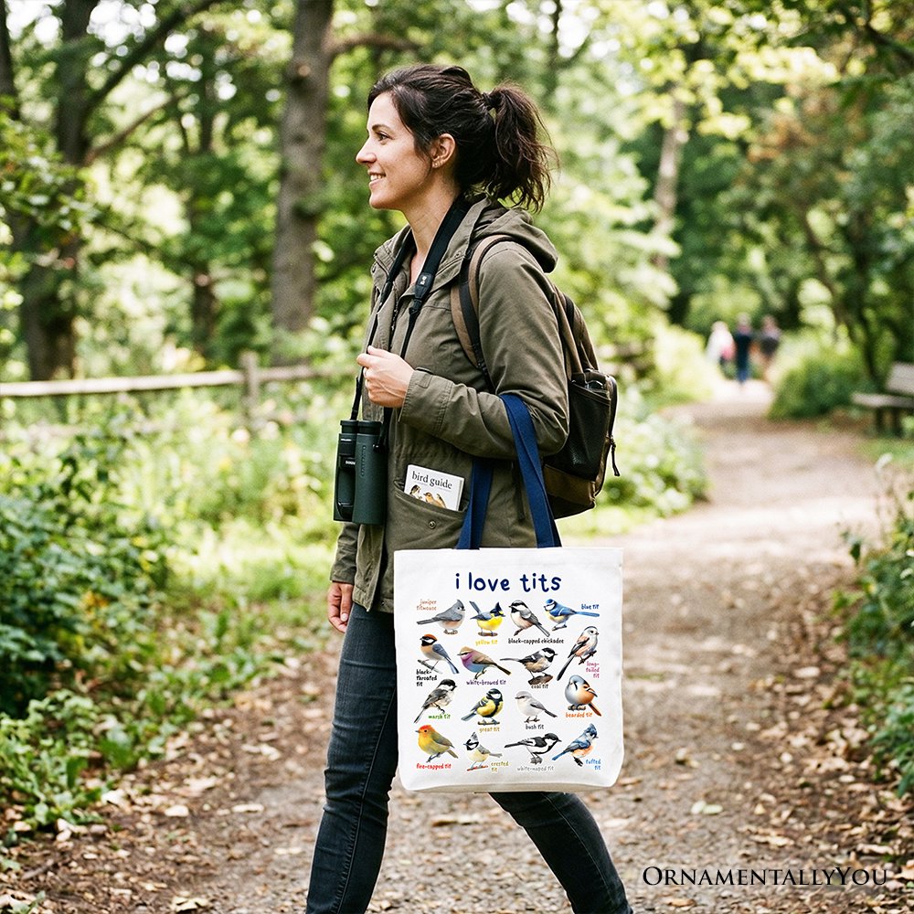 Whimsical Bird Tit Tote Bag, Funny Birdwatcher Gift Shopper Gift for Birder