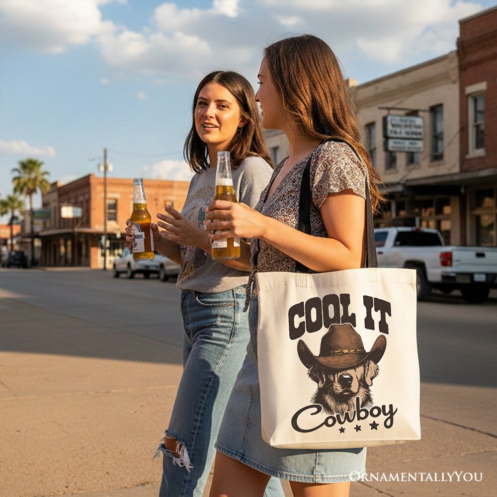 Cool It Cowboy Canvas Tote Bag With Western Dog, Retro Golden Retriever Gift Shopper for Country Lover