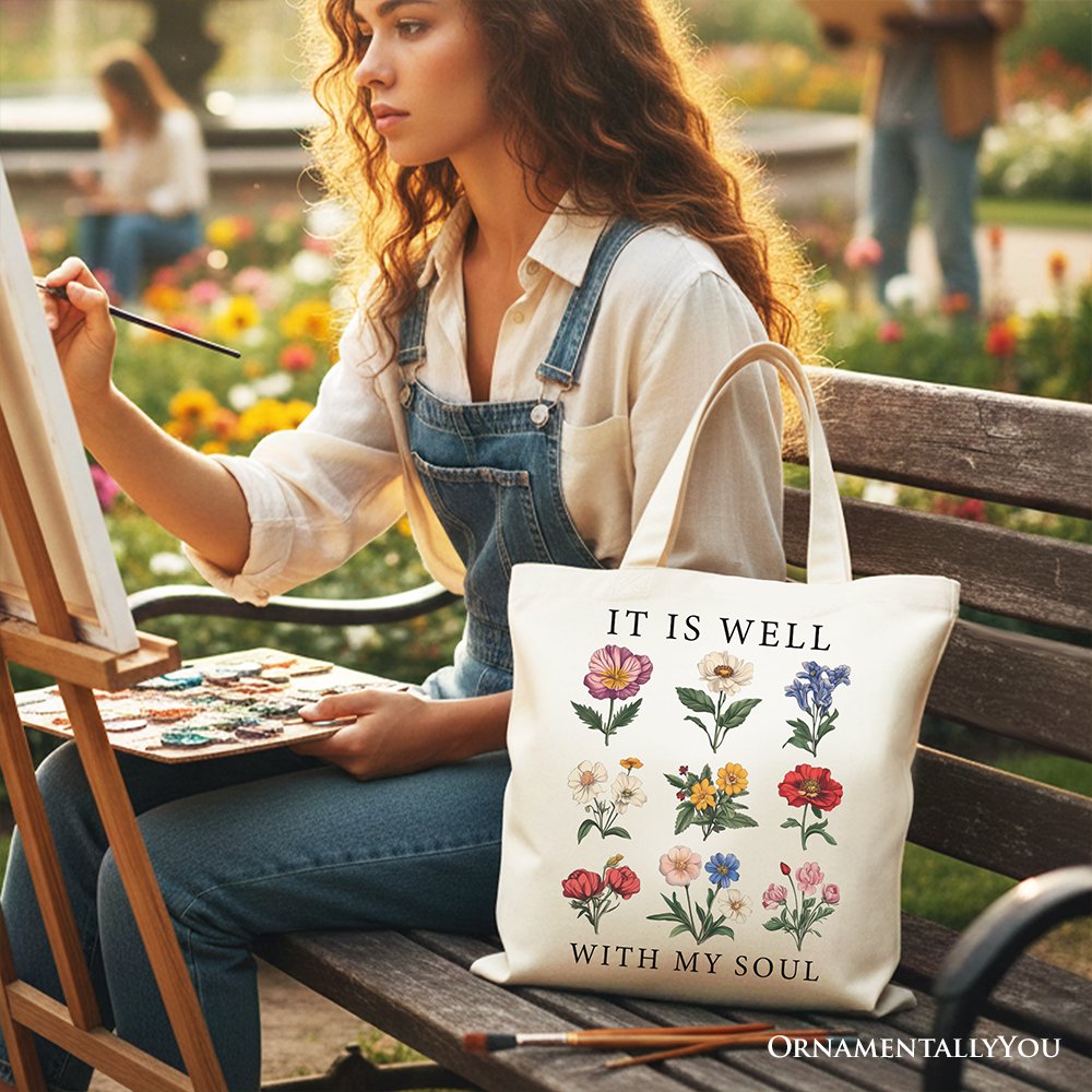 It Is Well With My Soul Christian Floral Canvas Tote Bag, Gift With Bible Verse Design