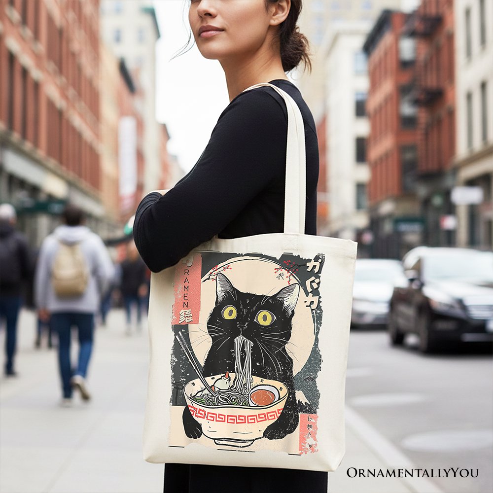 Kawaii Anime Cat Eating Ramen Canvas Tote Bag, Noodle Japanese Art Style Gift Bag