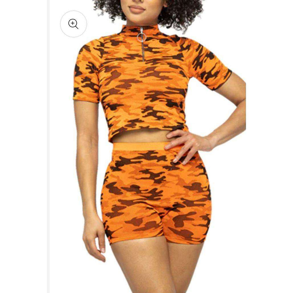 SEAMLESS CAMO ZIP NECK CROP&SHORT SET