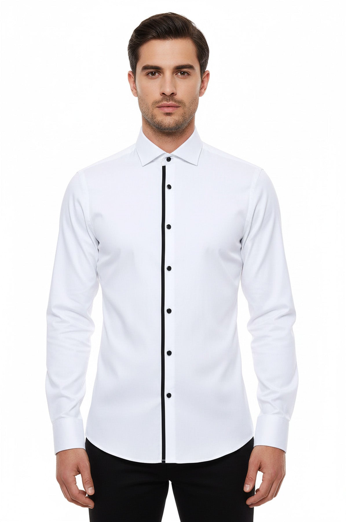 Black Buttoned Long Sleeves White Men Tuxedo Shirt - Wessi