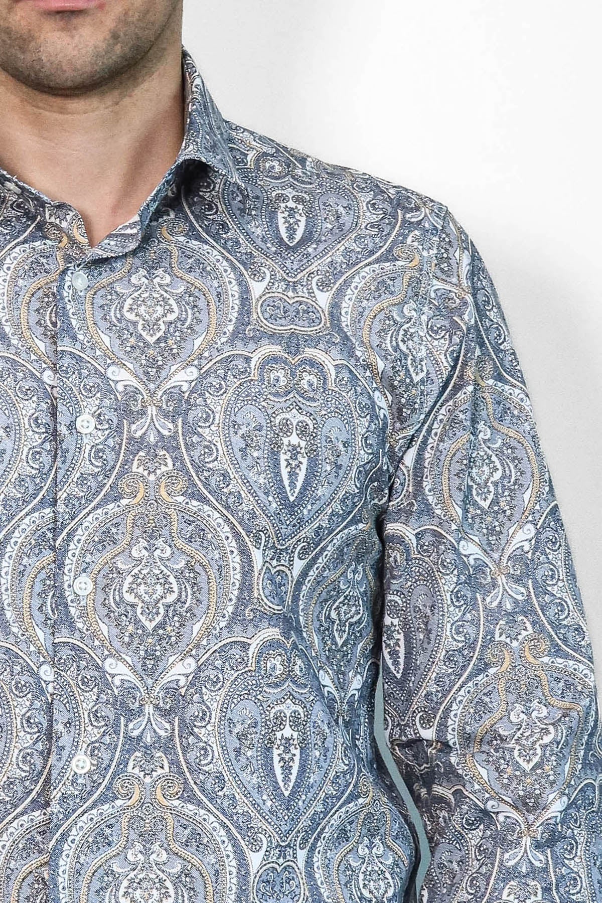 Damask Pattern Blue Slim Fit Shirt - Wessi