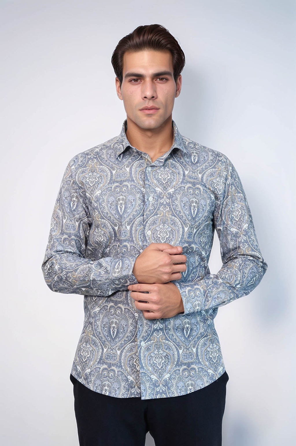 Damask Pattern Blue Slim Fit Shirt - Wessi