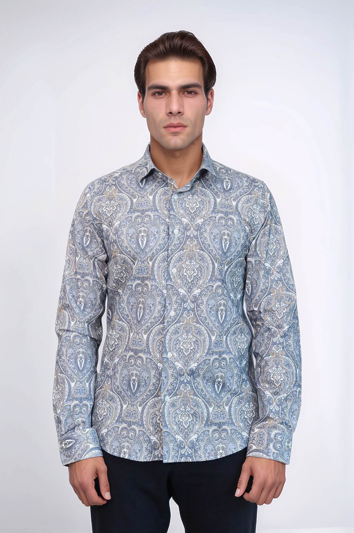 Damask Pattern Blue Slim Fit Shirt - Wessi