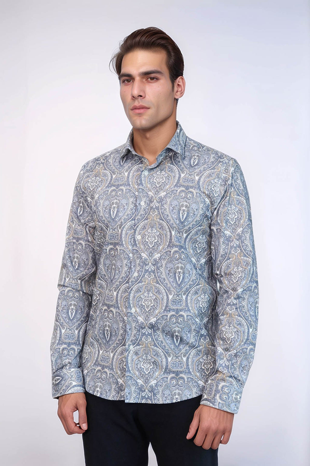 Damask Pattern Blue Slim Fit Shirt - Wessi