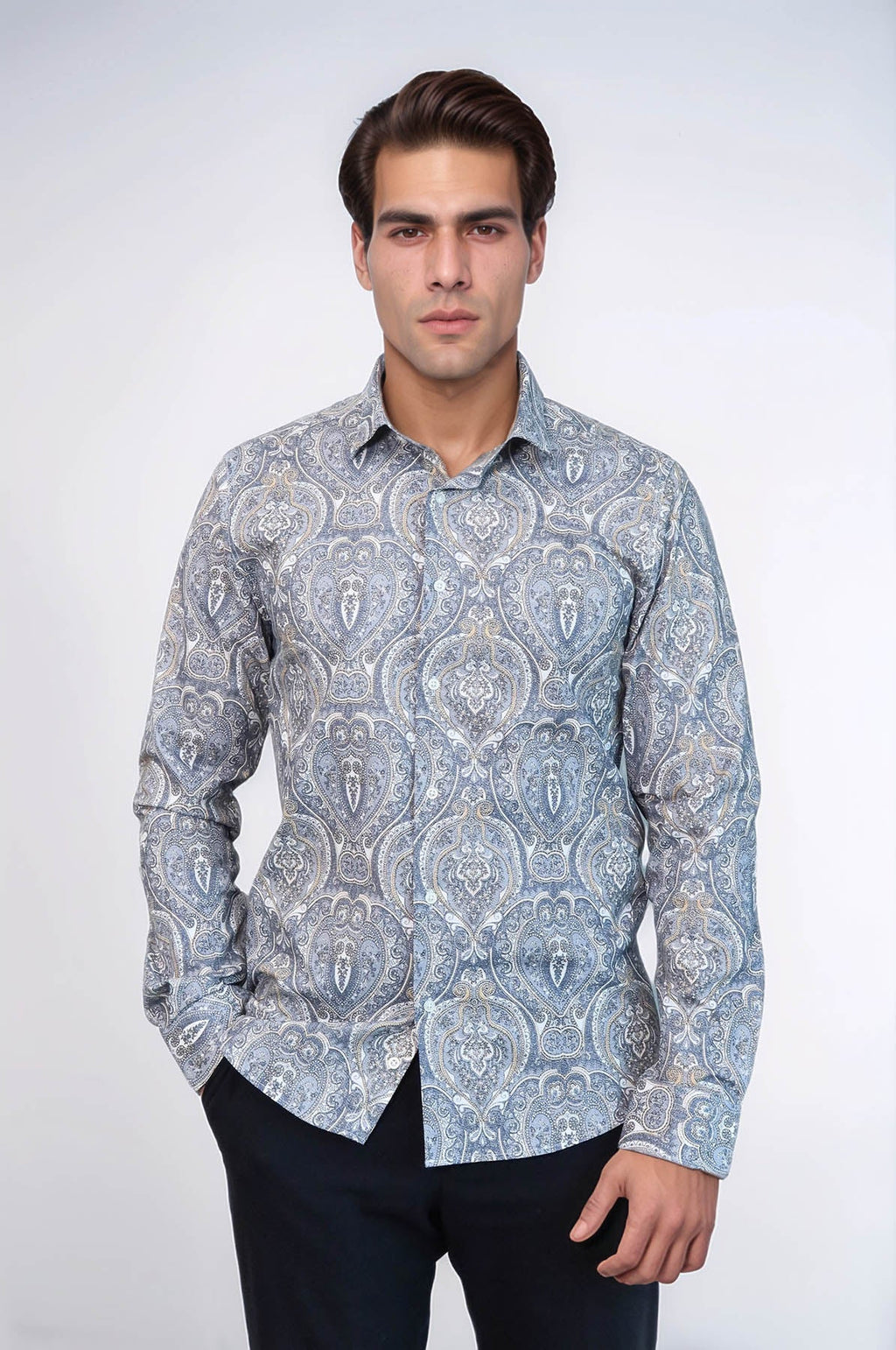 Damask Pattern Blue Slim Fit Shirt - Wessi