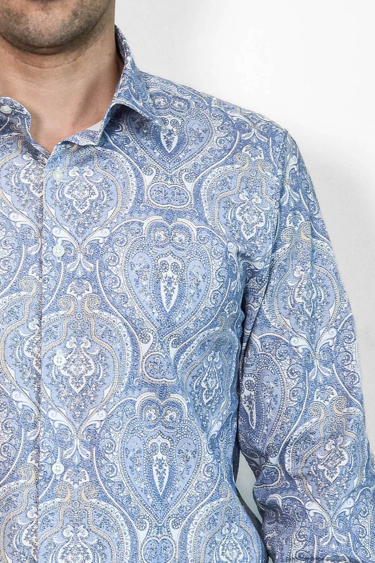 Blue Damask Pattern Slim Fit Shirt - Wessi