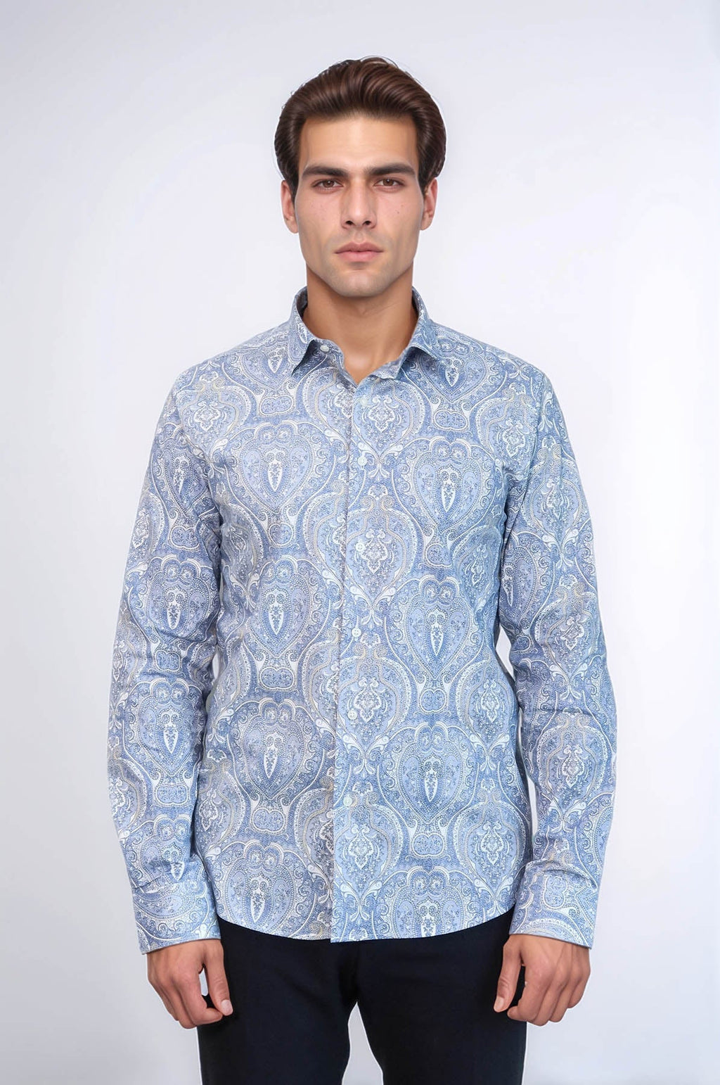 Blue Damask Pattern Slim Fit Shirt - Wessi