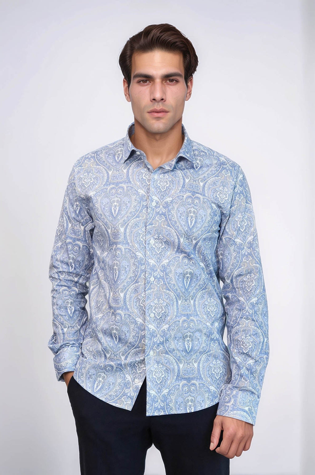 Blue Damask Pattern Slim Fit Shirt - Wessi