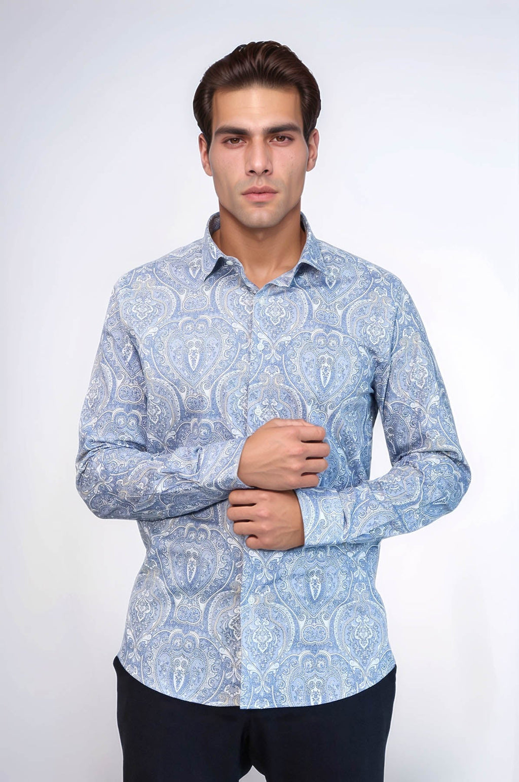 Blue Damask Pattern Slim Fit Shirt - Wessi