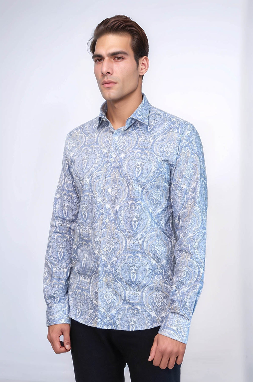 Blue Damask Pattern Slim Fit Shirt - Wessi