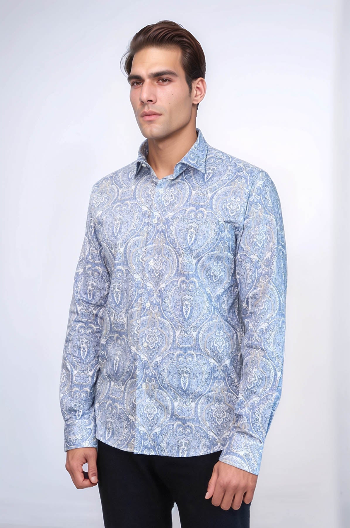 Blue Damask Pattern Slim Fit Shirt - Wessi