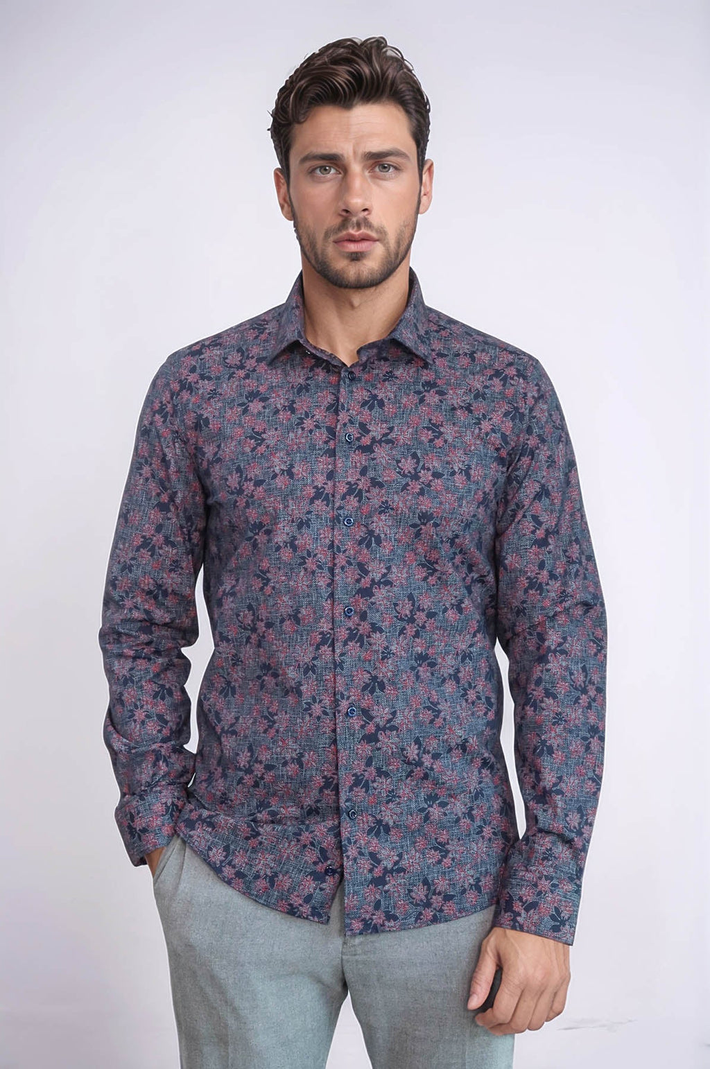 Bloom Patterned Slim Fit Navy Blue Men Shirt - Wessi