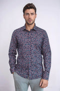 Bloom Patterned Slim Fit Navy Blue Men Shirt - Wessi