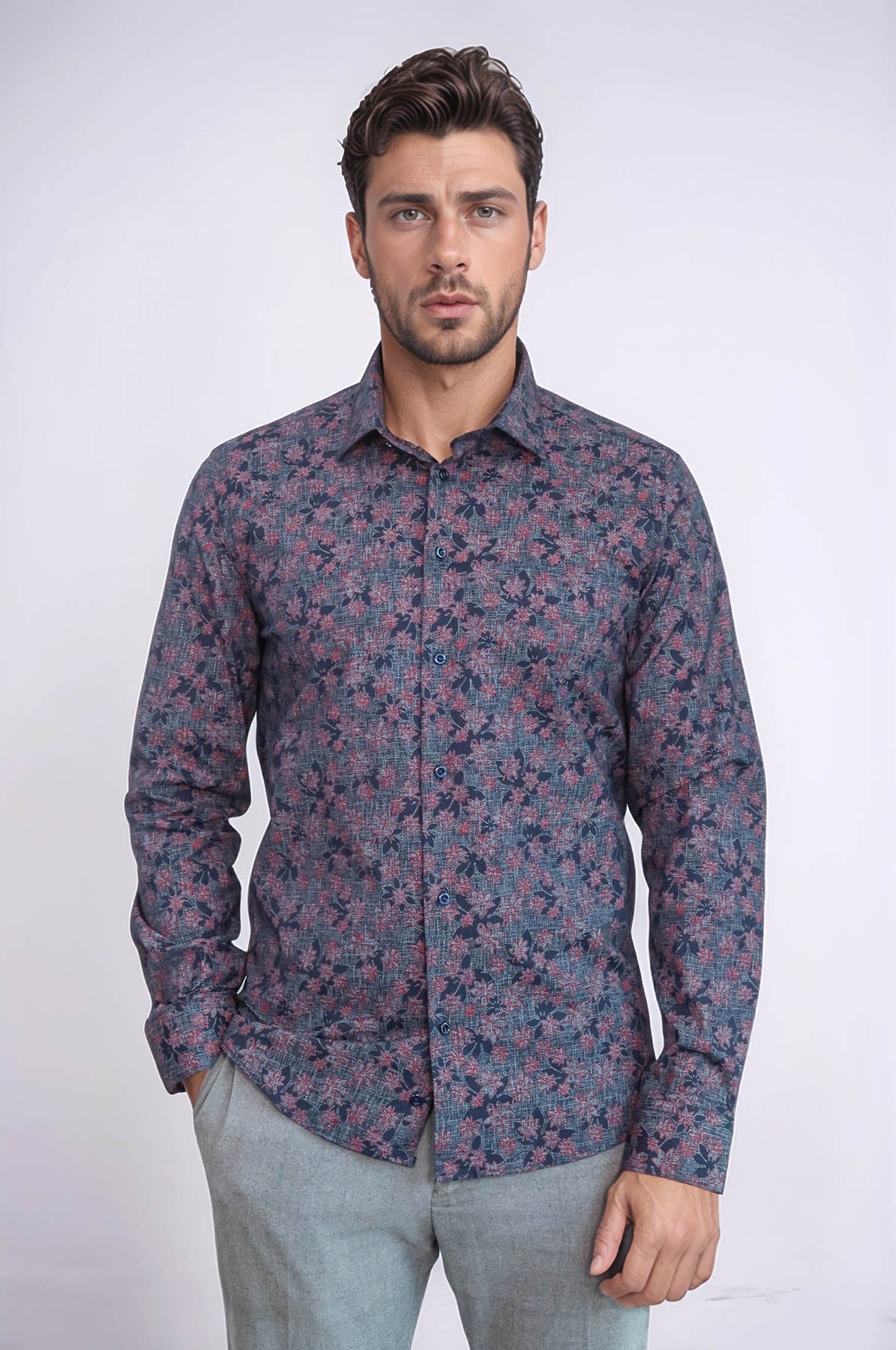 Bloom Patterned Slim Fit Navy Blue Men Shirt - Wessi