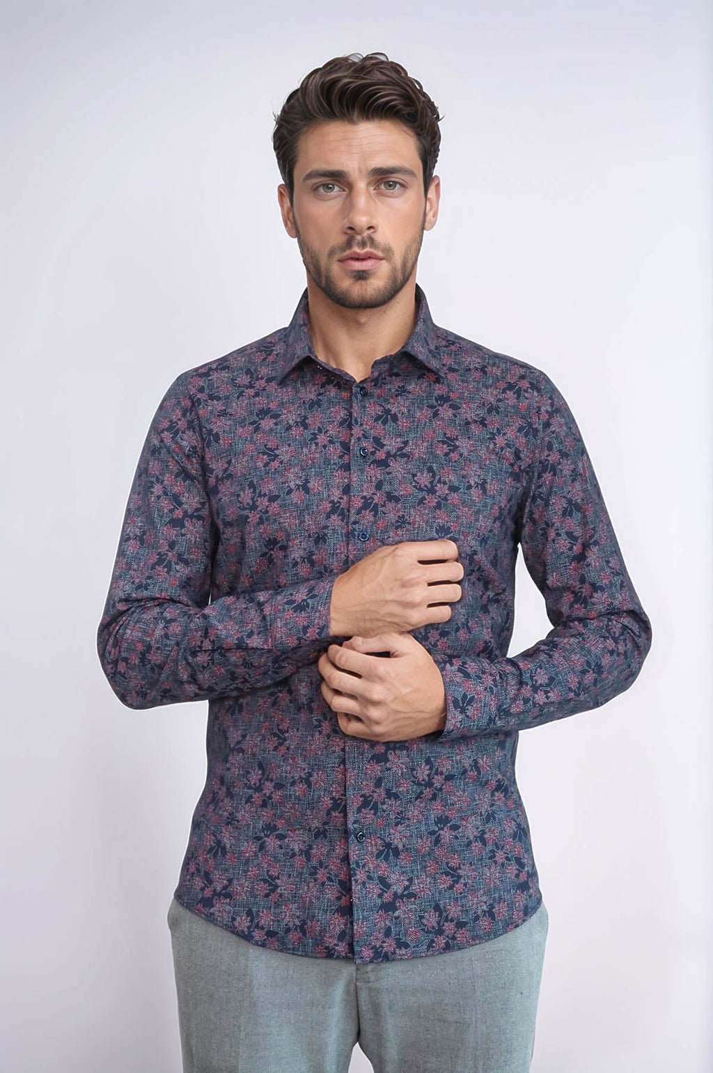Bloom Patterned Slim Fit Navy Blue Men Shirt - Wessi