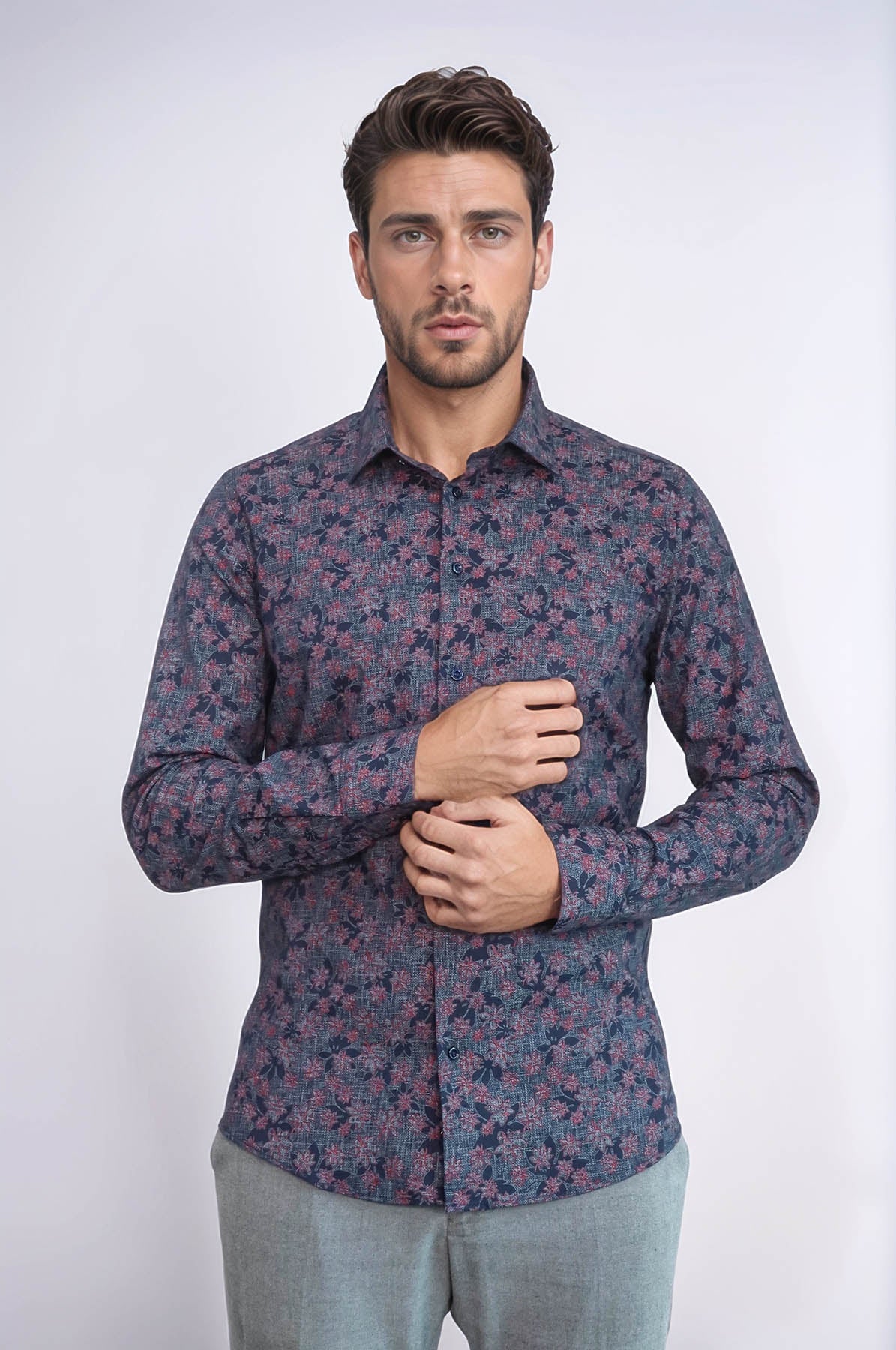 Bloom Patterned Slim Fit Navy Blue Men Shirt - Wessi