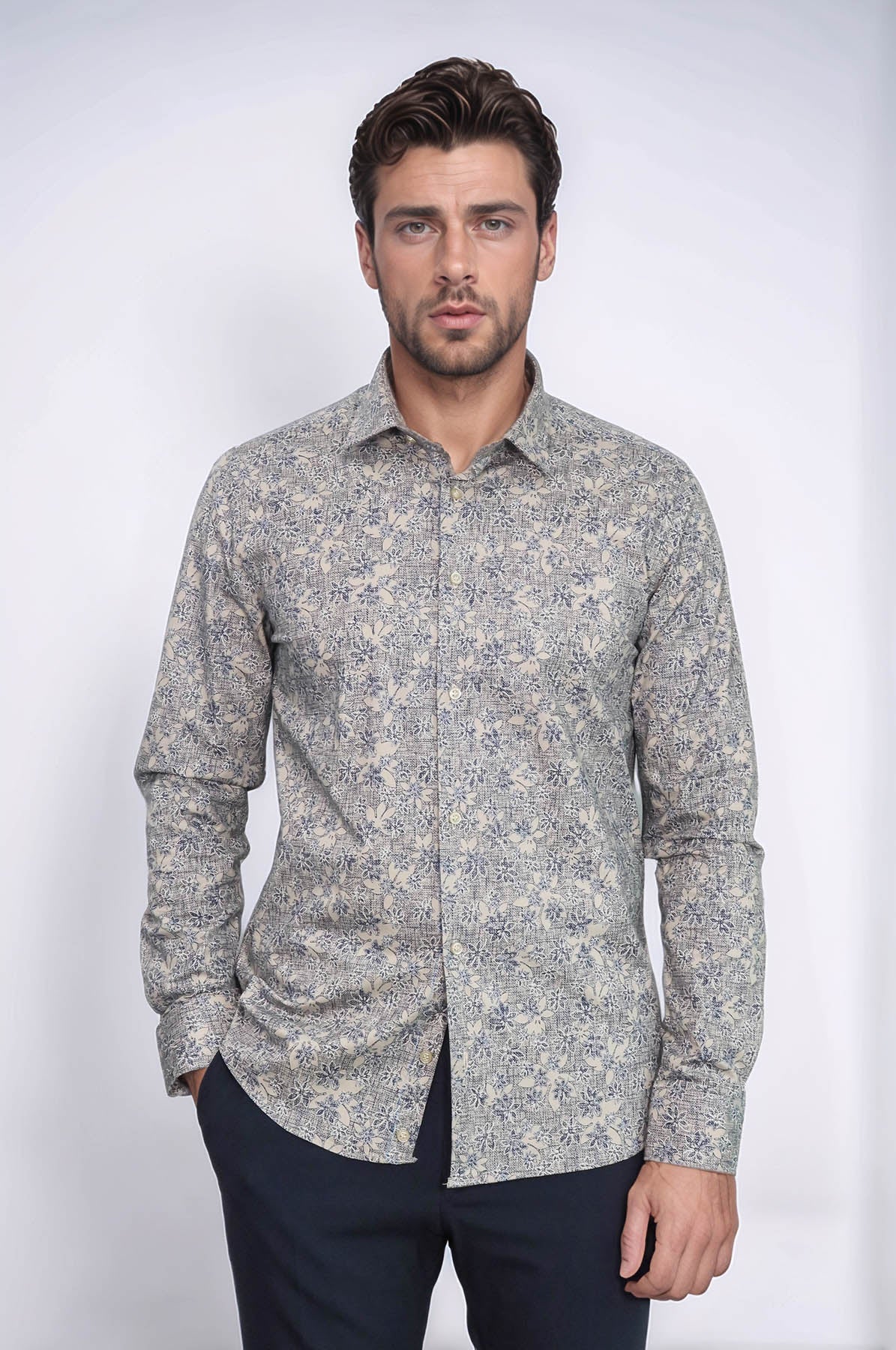 Bloom Patterned Beige Slim Fit Shirt - Wessi